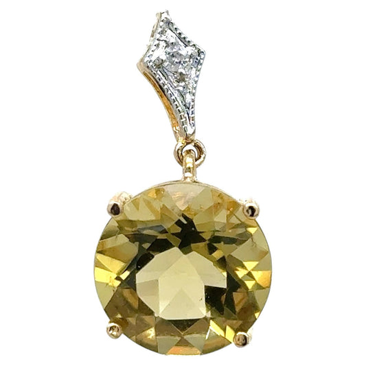 Peridot Solitaire & Diamond  Pendant 14k Yellow Gold 2.6g