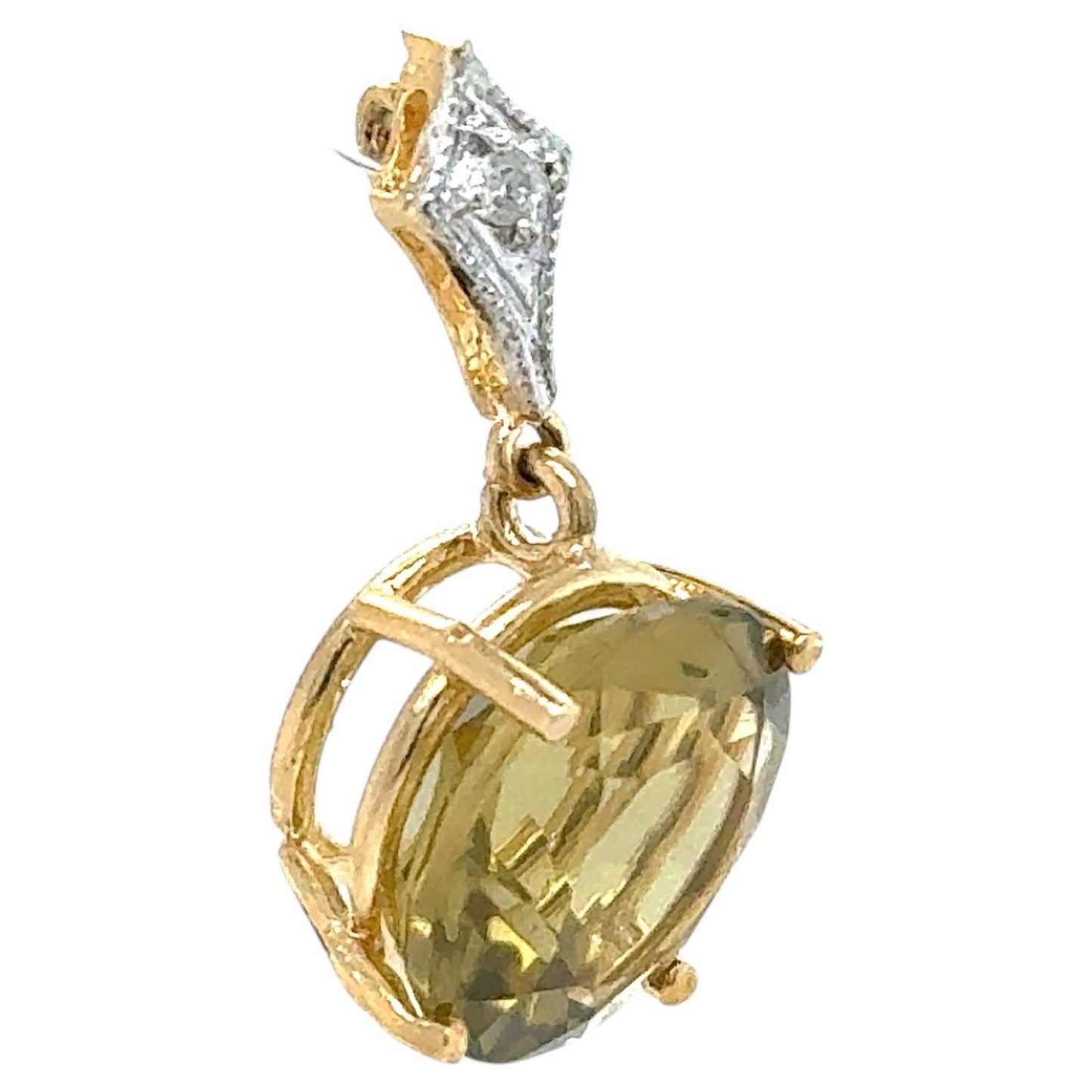 Peridot Solitaire & Diamond  Pendant 14k Yellow Gold 2.6g