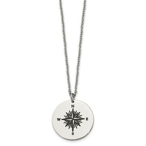Stainless Steel Polished Enamel THOSE WHO WANDER Compass 22 in Long Necklace
