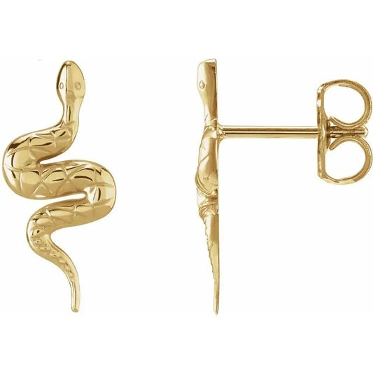 Gold Snake Shaped Drop Earrings 14K Delicate Coiled Serpent Design