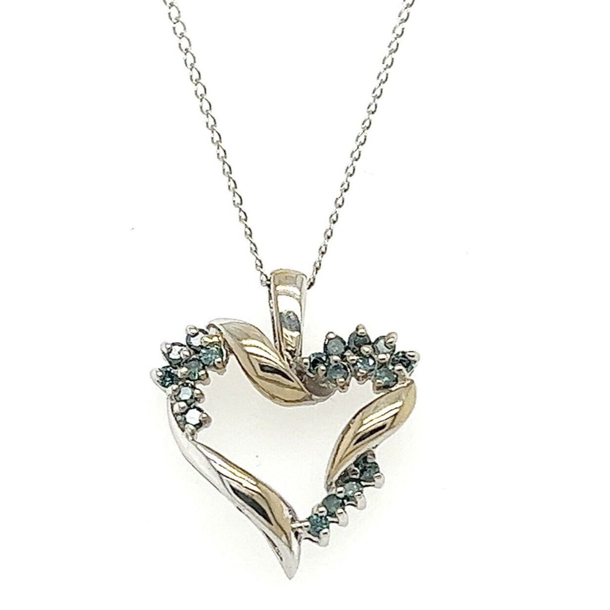 Blue Diamond Heart Pendant 16" chain 14k White Gold 2.9g