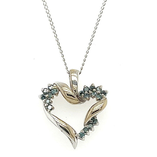 Blue Diamond Heart Pendant 16" chain 14k White Gold 2.9g