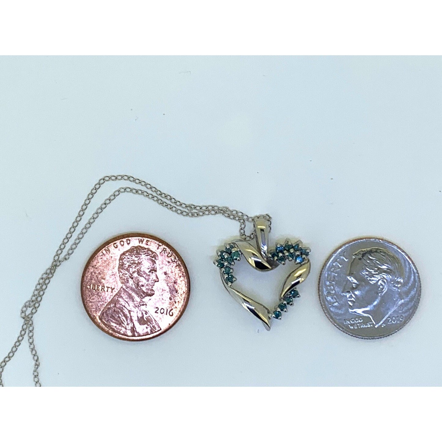 Blue Diamond Heart Pendant 16" chain 14k White Gold 2.9g