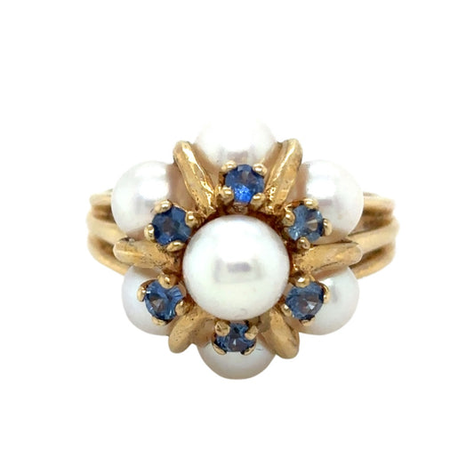 14k Yellow Gold Pearl with Sapphire Accents Cocktail Ring 5.8g Size 6.75