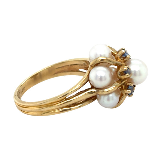 14k Yellow Gold Pearl with Sapphire Accents Cocktail Ring 5.8g Size 6.75