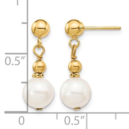 14K Yellow Gold 7-8mm White Freshwater Pearl Dangle Earrings