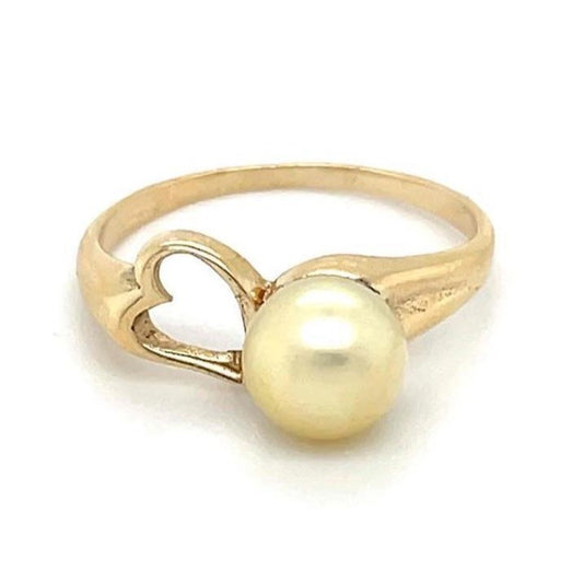 14K Yellow Gold Pearl Solitaire Heart Ring 1.9g Size 6