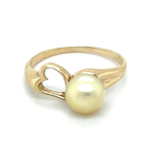 14K Yellow Gold Pearl Solitaire Heart Ring 1.9g Size 6
