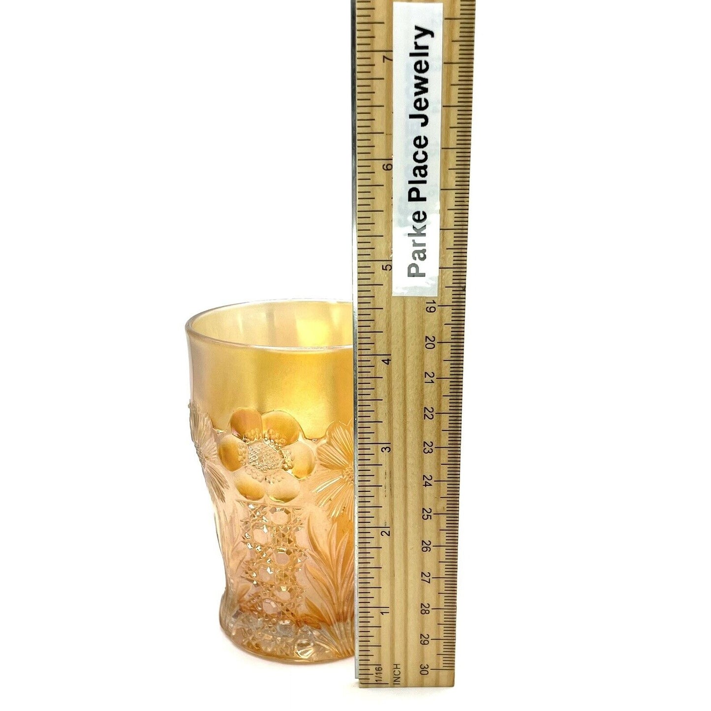 Vintage Carnival Glass Iridescent Tumbler Marigold Orange With Floral Embossed Design