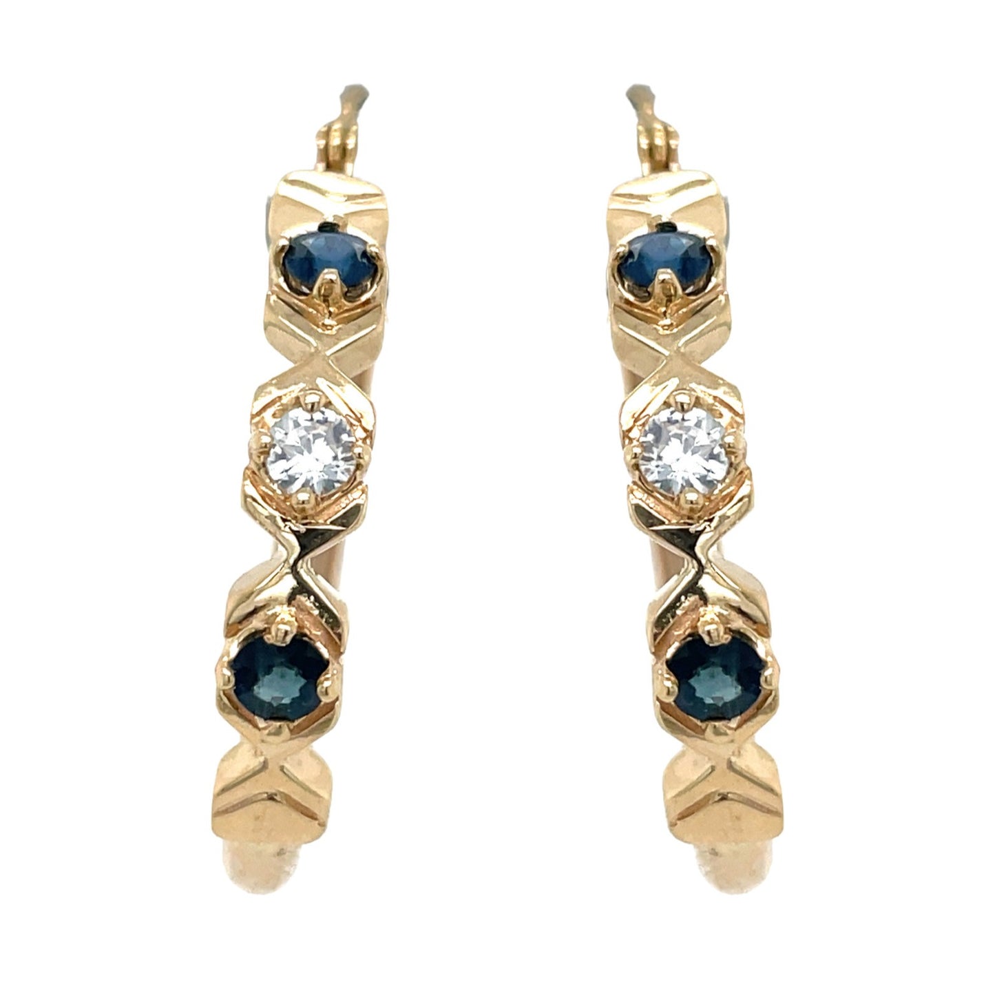 10k Yellow Gold Blue & White Sapphire Dangle Hoop Earrings 4.4g