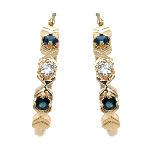 10k Yellow Gold Blue & White Sapphire Dangle Hoop Earrings 4.4g