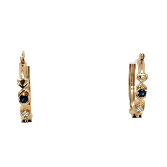 10k Yellow Gold Blue & White Sapphire Dangle Hoop Earrings 4.4g