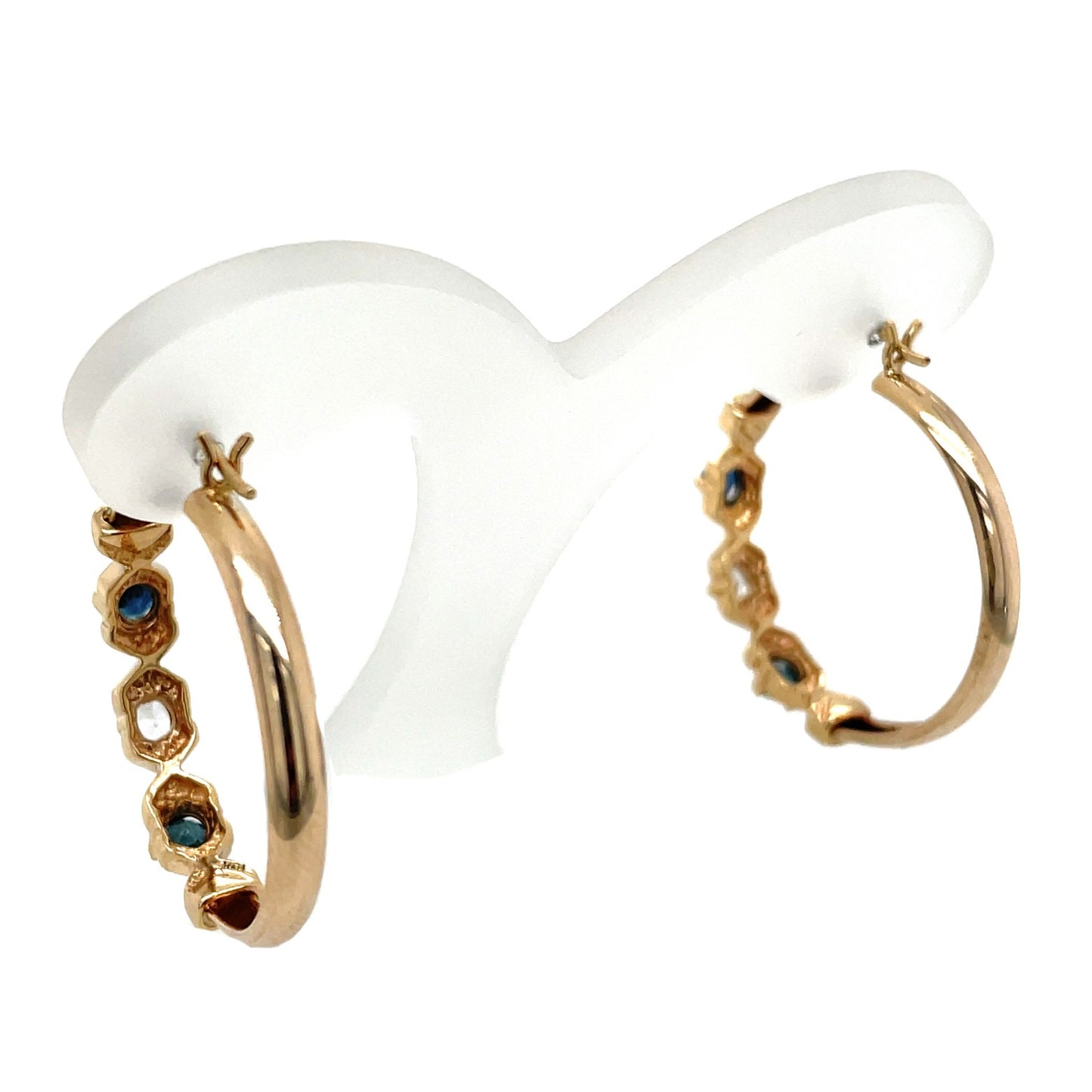 10k Yellow Gold Blue & White Sapphire Dangle Hoop Earrings 4.4g