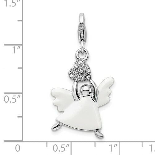 Amore La Vita Sterling Silver Rhodium-Plated White Enameled Crystal 3D Angel Charm With Fancy Lobster Clasp