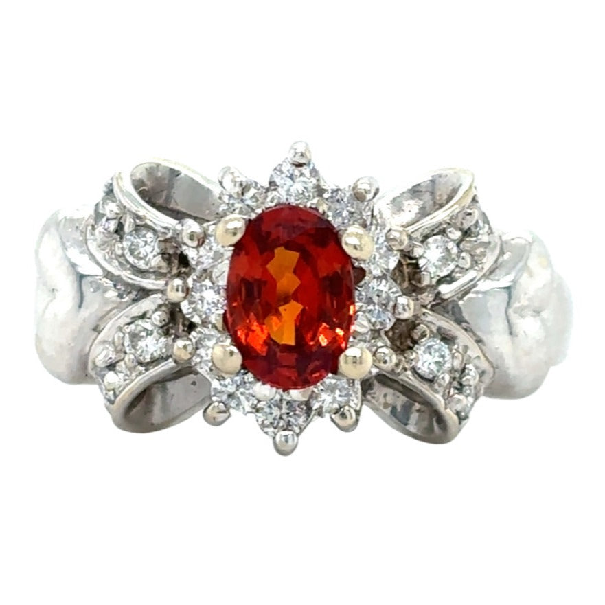 14k White Gold Spessarite Garnet & Diamond Ring 4.3g Size 6.5
