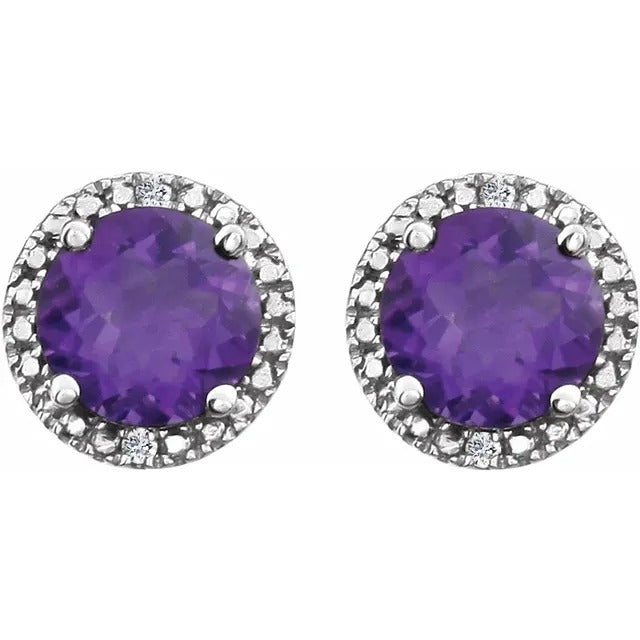 Sterling Silver Natural Amethyst & Diamond Halo Stud Earrings
