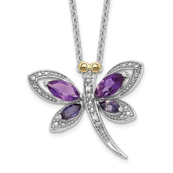 Sterling Silver Rhodium Birthstone Amethyst Iolite Diamond Dragonfly Necklace