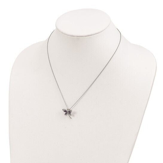Sterling Silver Rhodium Birthstone Amethyst Iolite Diamond Dragonfly Necklace
