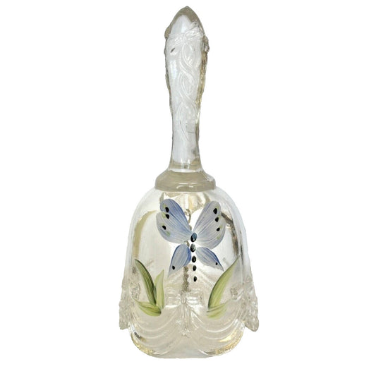 Fenton Clear Bell Hand painted Blue Butterfly and Signed