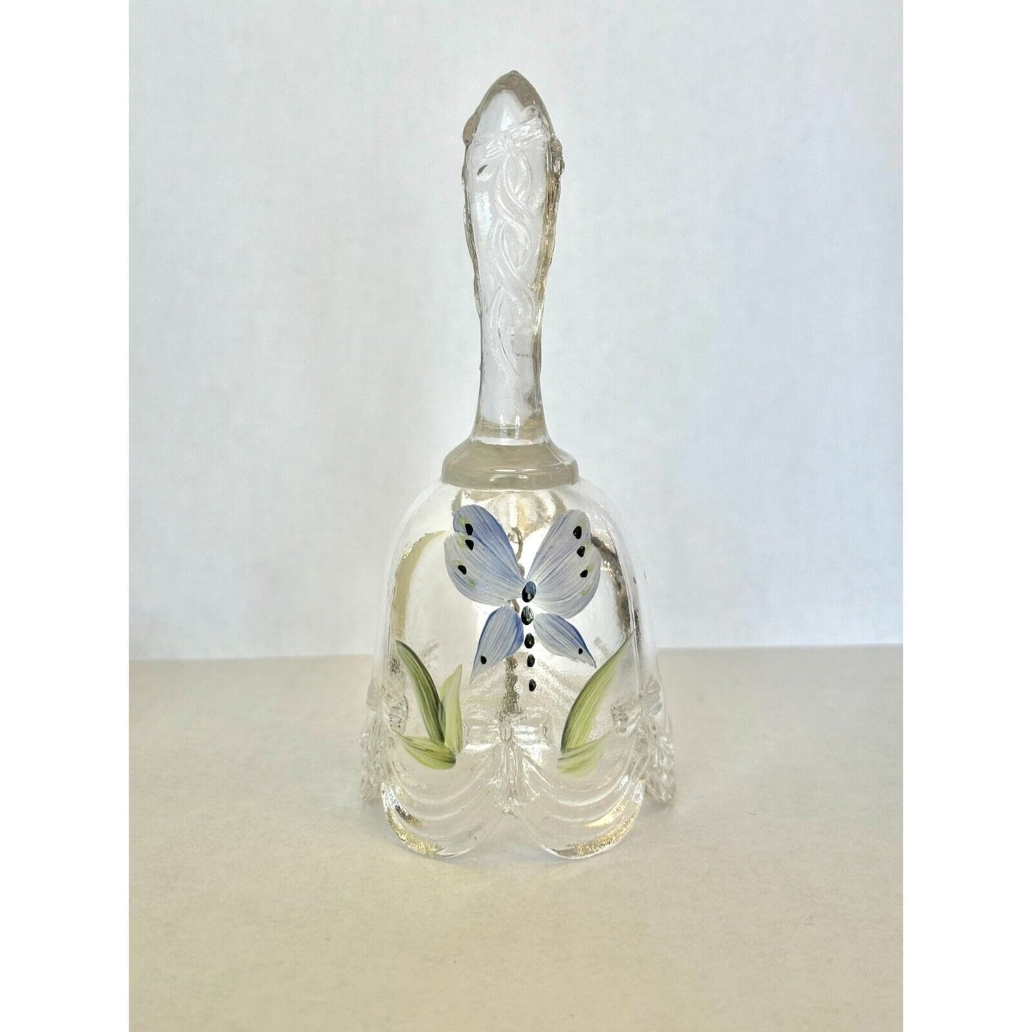 Fenton Clear Bell Hand painted Blue Butterfly and Signed