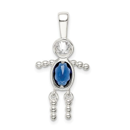 Sterling Silver Rhodium-Plated September Boy Pendant With CZ & Blue Glass Birthstone 925 Silver