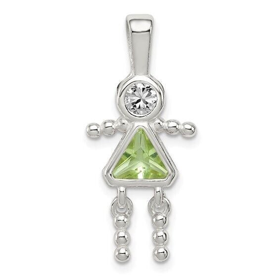 Sterling Silver Rhodium-plated CZ and Birthstone Green August Glass Girl Pendant