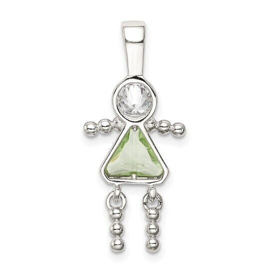 Sterling Silver Rhodium-plated CZ and Birthstone Green August Glass Girl Pendant