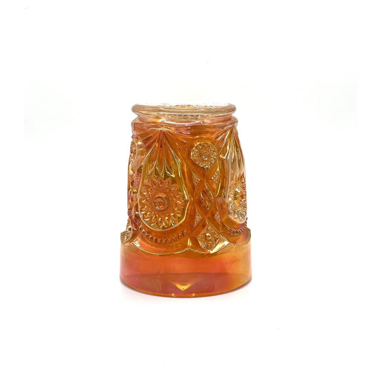 Vintage Carnival Glass Tumbler Iridescent Marigold Orange Intricate Design