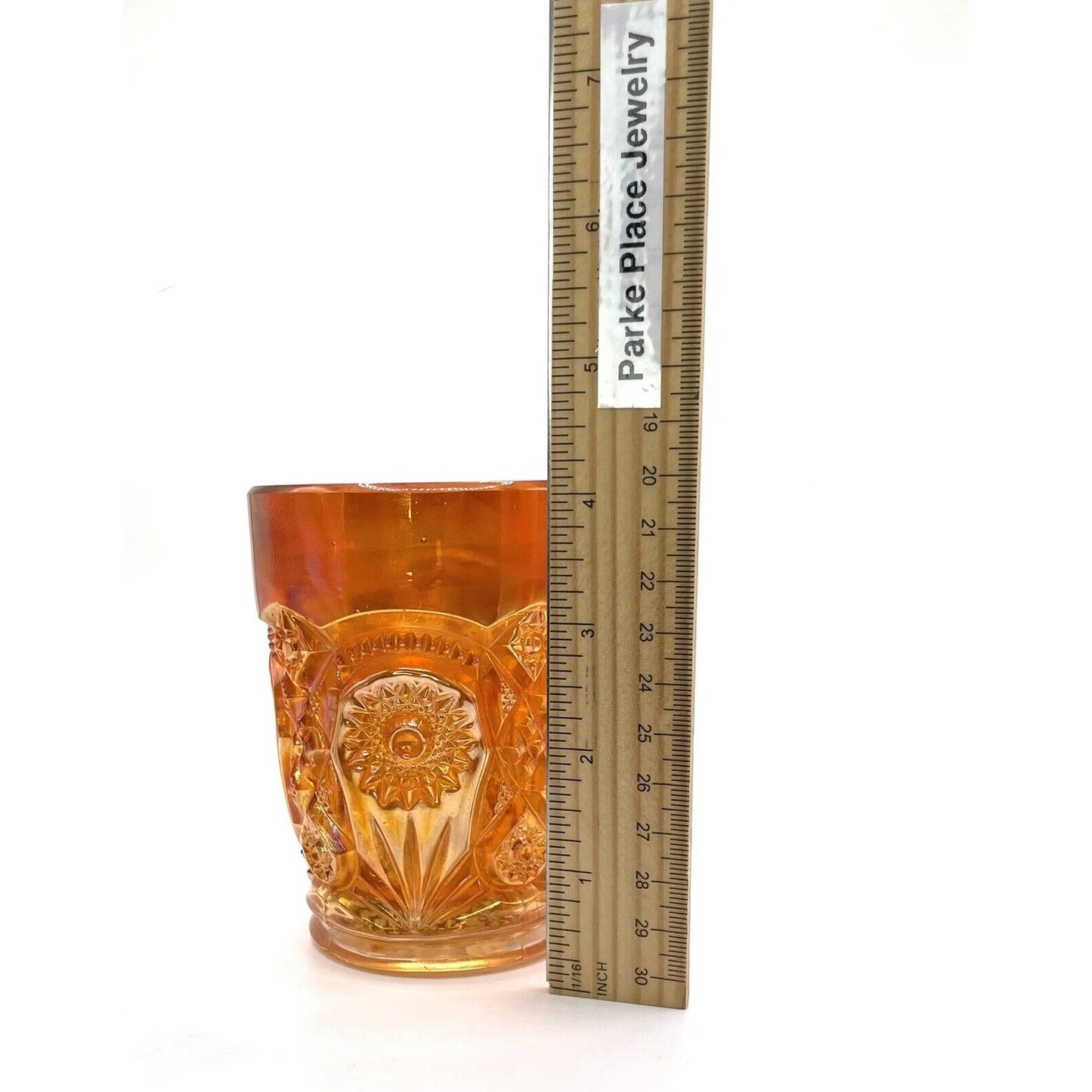 Vintage Carnival Glass Tumbler Iridescent Marigold Orange Intricate Design