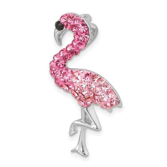 Sterling Silver Flamingo Charm Pendant Pink Crystals & Rhodium