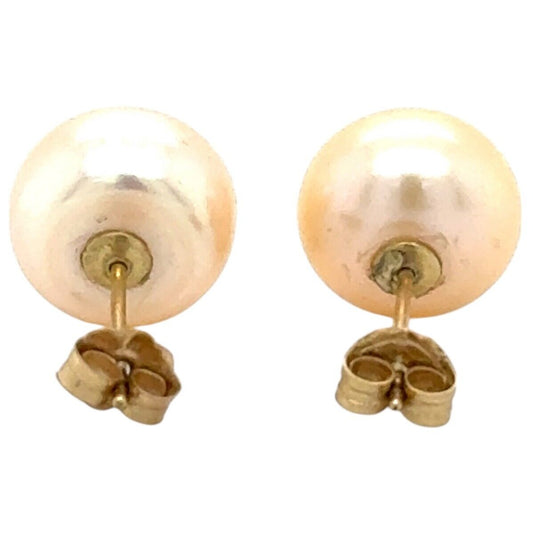 9mm Created Pearl Stud Earrings Real 14k Yellow Gold 2.0g
