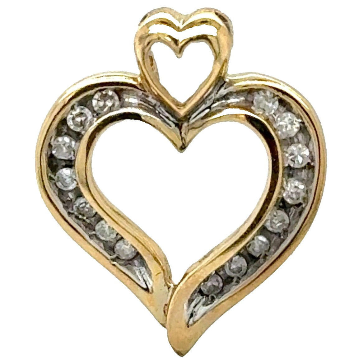 10K Yellow Gold Heart Pendant With 15 Round Natural Diamonds 0.25 CTW Double Heart Design 1.5g Weight