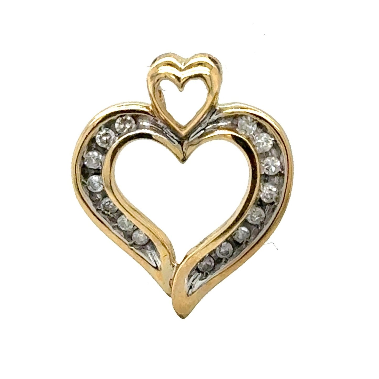 10K Yellow Gold Heart Pendant With 15 Round Natural Diamonds 0.25 CTW Double Heart Design 1.5g Weight