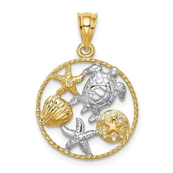 14K Yellow Gold & Rhodium Sea Life Pendant With Turtle Starfish & Shell Design 25mm