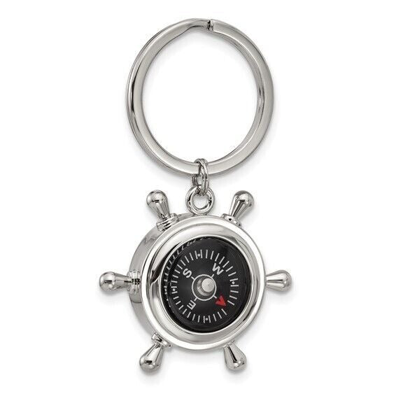 Nickel-Plated Compass and Ships Wheel Key Ring