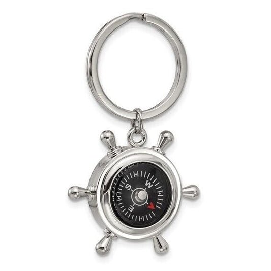 Nickel-Plated Compass and Ships Wheel Key Ring