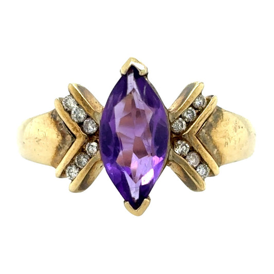 10k Yellow Gold Amethyst Solitaire & Diamond Ring 3.7g Size 9.75