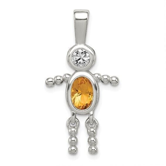 Sterling Silver Rhodium CZ and Birthstone Yellow November Glass Boy Pendant