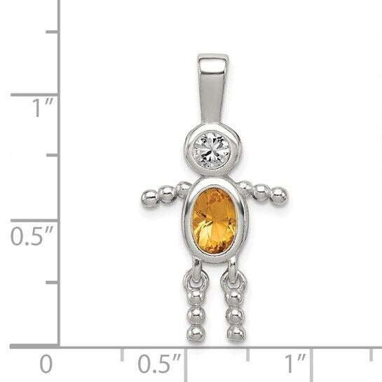 Sterling Silver Rhodium CZ and Birthstone Yellow November Glass Boy Pendant