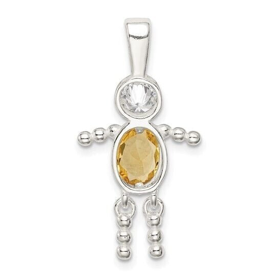 Sterling Silver Rhodium CZ and Birthstone Yellow November Glass Boy Pendant