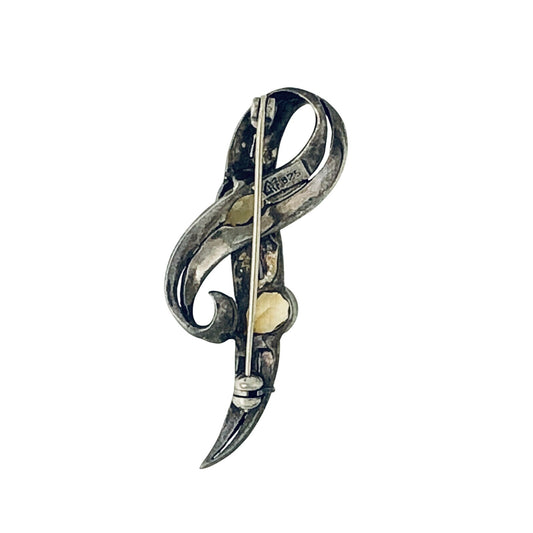 Vintage Marcasite & Citrine Pin .925 Sterling Silver 8.3g Ribbon Design