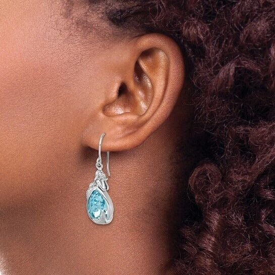 Sterling Silver Polished Blue Crystal Mermaid Dangle Earrings