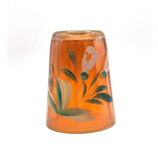 Vintage Carnival Glass Tumbler Marigold Orange Hand-Painted Floral Design 4"