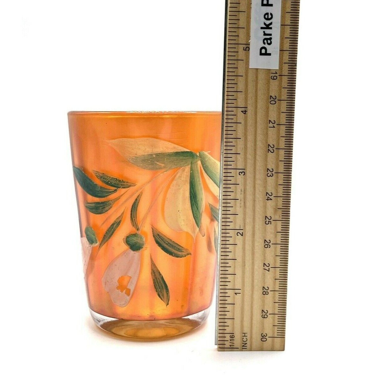 Vintage Carnival Glass Tumbler Marigold Orange Hand-Painted Floral Design 4"