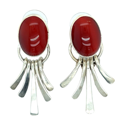 .925 Sterling Silver Oval Red Stone Dangle Earrings 15.7g