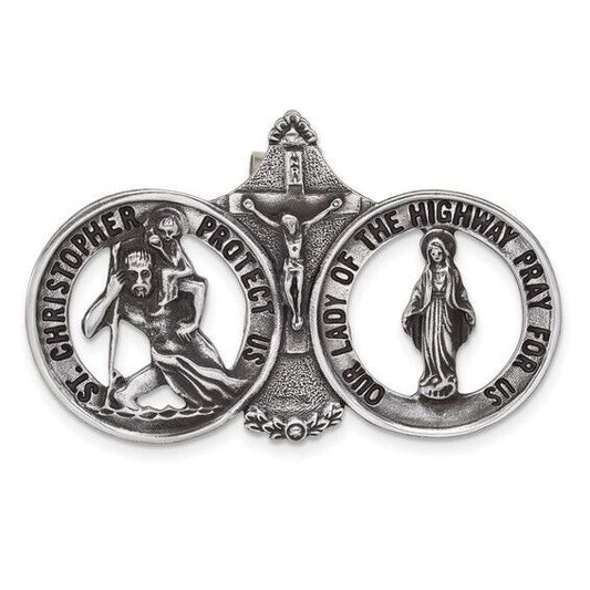 Silver-tone St. Christopher and Our Lady of the Highway Visor Clip
