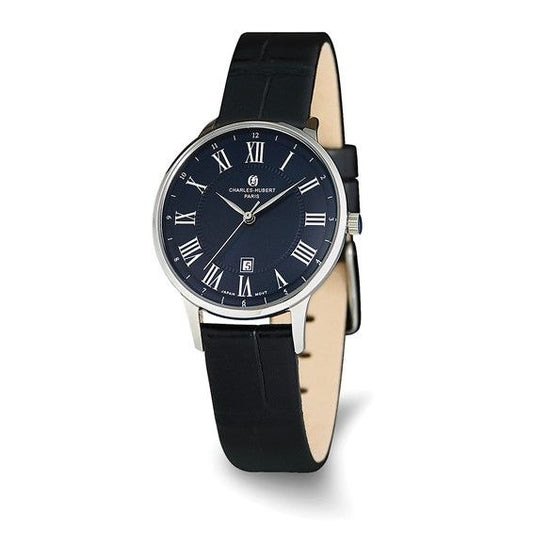 Charles-Hubert Mens Roman Numeral Watch With Black Leather Band & Date