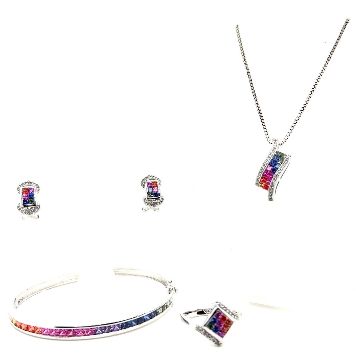 Rhodium Plated Sterling Silver Multicolor Sapphires Complete Jewelry Set 24.1g