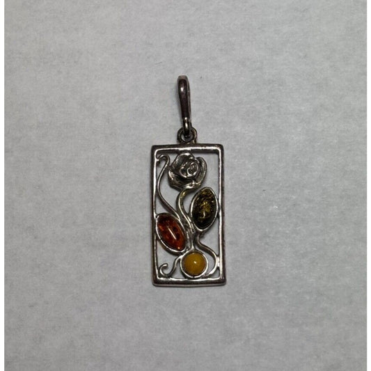 Sterling Silver .925 Flower In Frame Pendant With 3 Gemstones