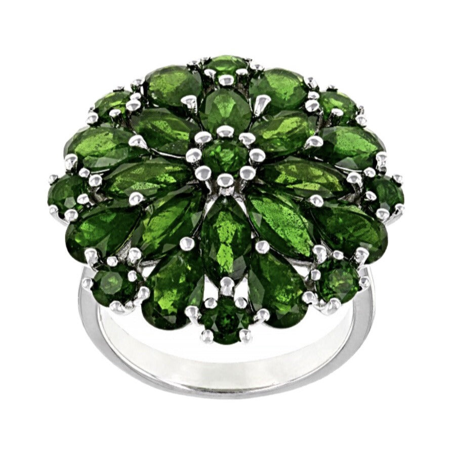 6.34ctw Green Chrome Diopside Rhodium Over Sterling Silver Cluster Ring Size 7